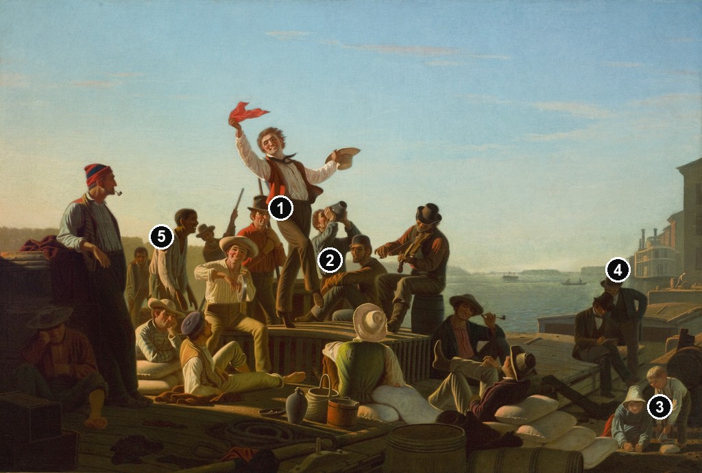 Annotated details from Jolly Flatboatmen in Port by George Caleb Bingham